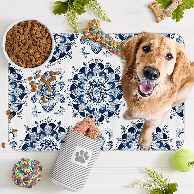 Mandala Flower Dog Food Mat for Floors, Cat Dog Bowl Mats for Food and Water - Image 7